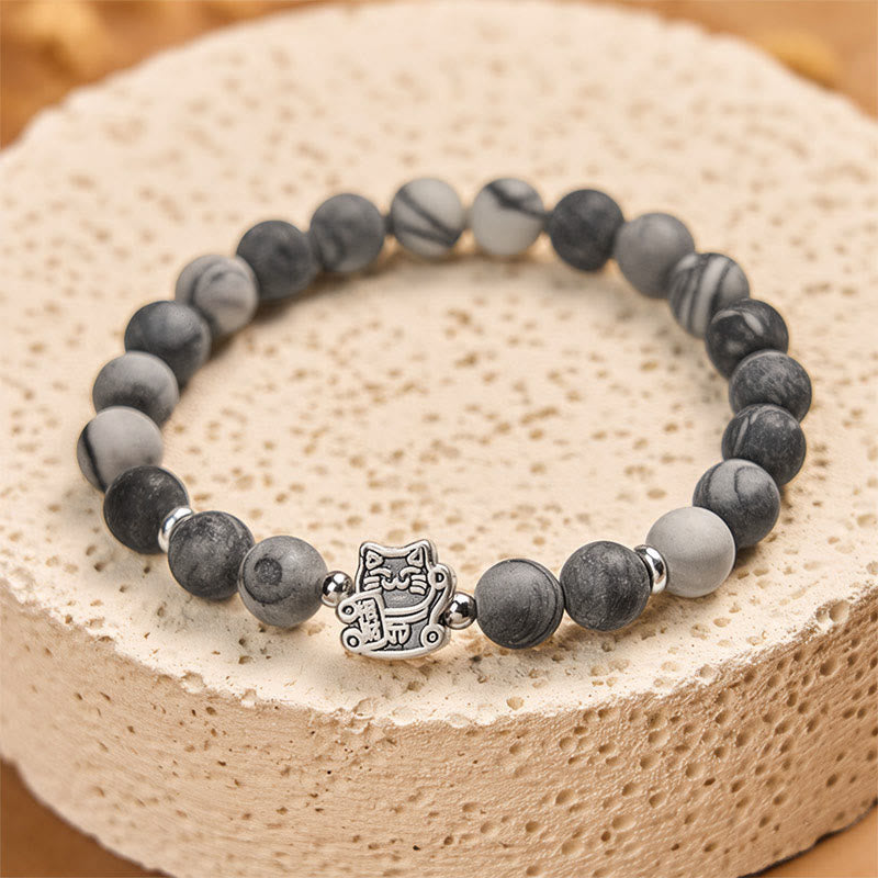 925 Sterling Silver Grey Tabby Cat and Natural Black Veined Jasper Stability Bracelet