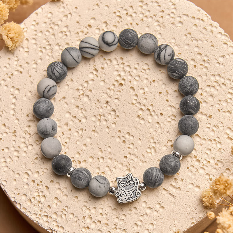925 Sterling Silver Grey Tabby Cat and Natural Black Veined Jasper Stability Bracelet