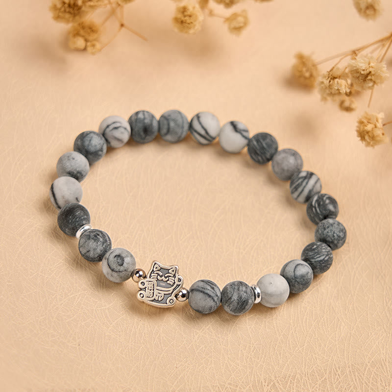 925 Sterling Silver Grey Tabby Cat and Natural Black Veined Jasper Stability Bracelet