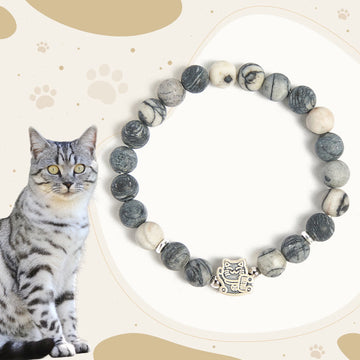 925 Sterling Silver Grey Tabby Cat and Natural Black Veined Jasper Stability Bracelet