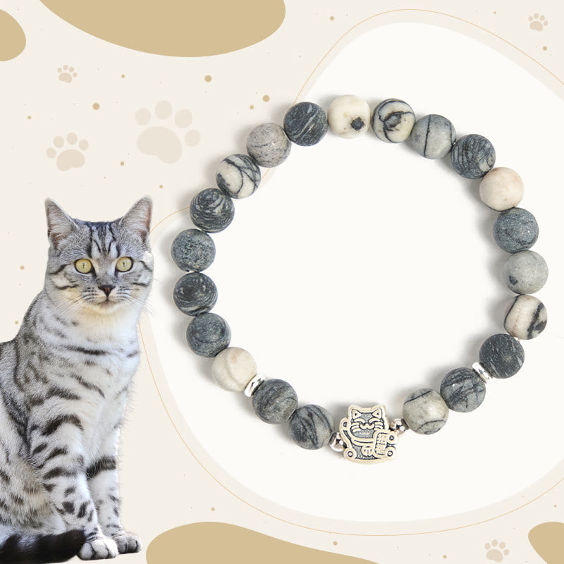 925 Sterling Silver Grey Tabby Cat and Natural Black Veined Jasper Stability Bracelet