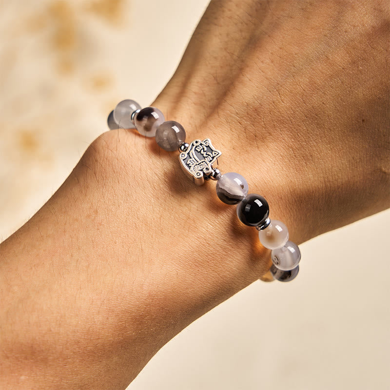 925 Sterling Silver Natural Agate Calico Cat Bracelet