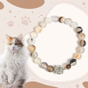 925 Sterling Silver Natural Agate Calico Cat Bracelet