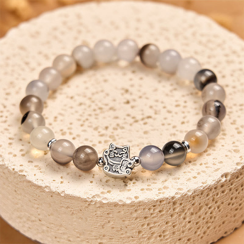 925 Sterling Silver Natural Agate Calico Cat Bracelet