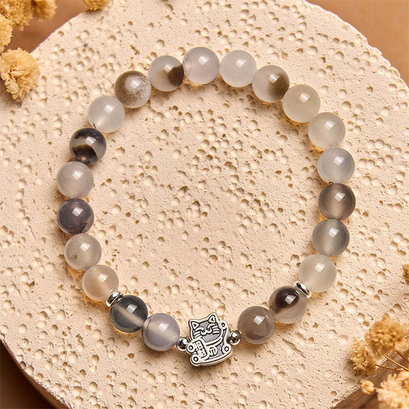 925 Sterling Silver Natural Agate Calico Cat Bracelet