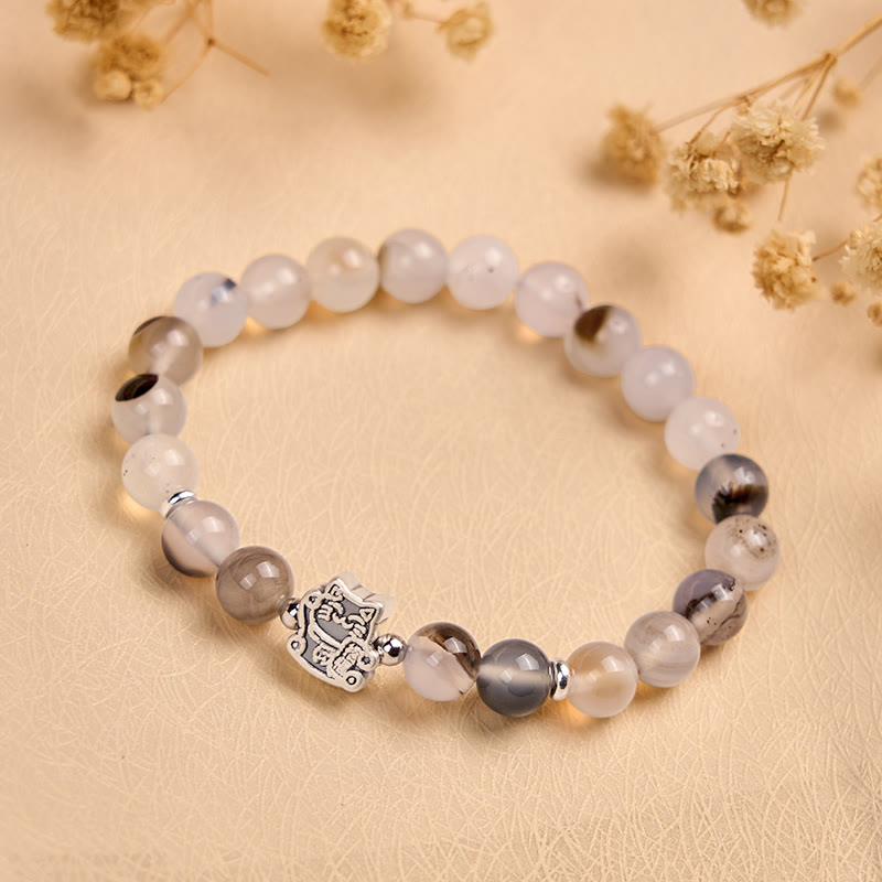 925 Sterling Silver Natural Agate Calico Cat Bracelet