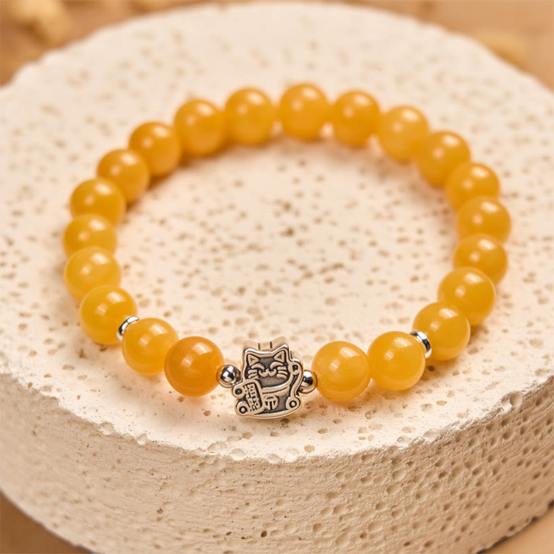 925 Sterling Silver Orange Tabby Cat Bracelet with Yellow Chalcedony