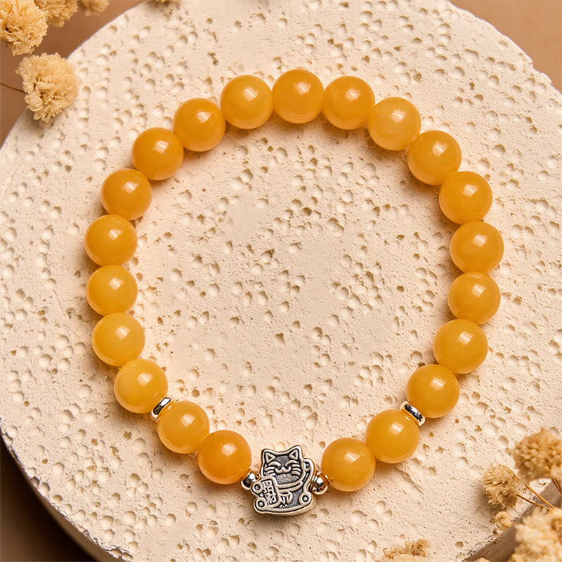 925 Sterling Silver Orange Tabby Cat Bracelet with Yellow Chalcedony