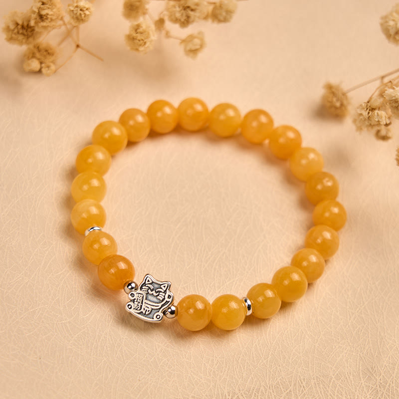 925 Sterling Silver Orange Tabby Cat Bracelet with Yellow Chalcedony