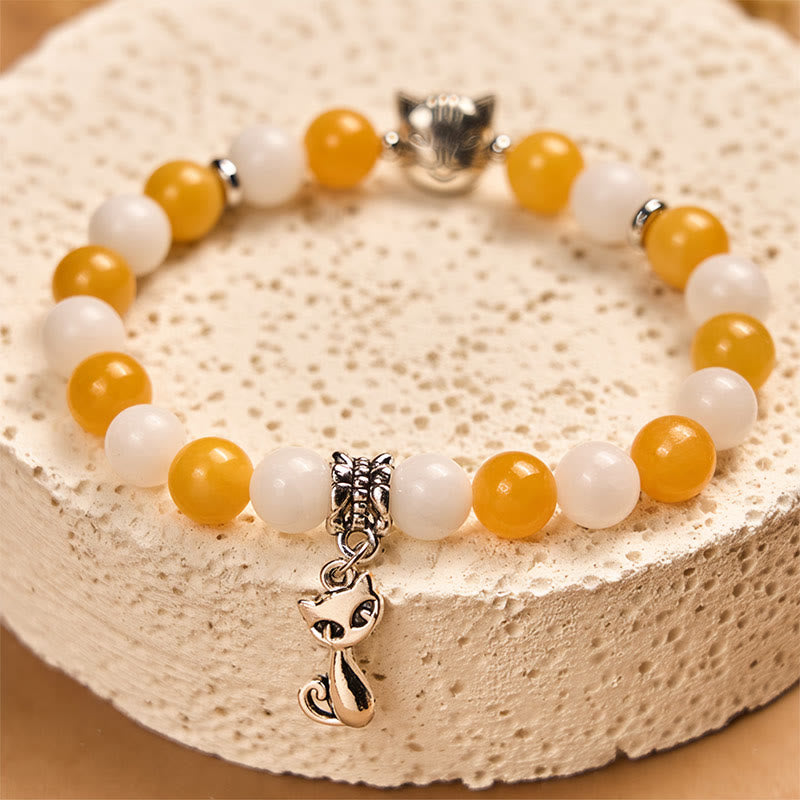 Orange White Tabby Cat Yellow and White Chalcedony Beaded Bracelet