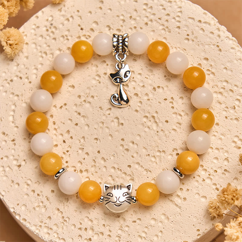 Orange White Tabby Cat Yellow and White Chalcedony Beaded Bracelet