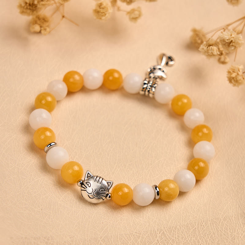 Orange White Tabby Cat Yellow and White Chalcedony Beaded Bracelet