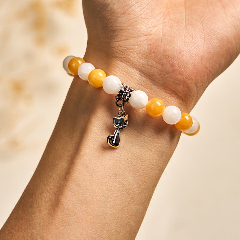 Orange White Tabby Cat Yellow and White Chalcedony Beaded Bracelet
