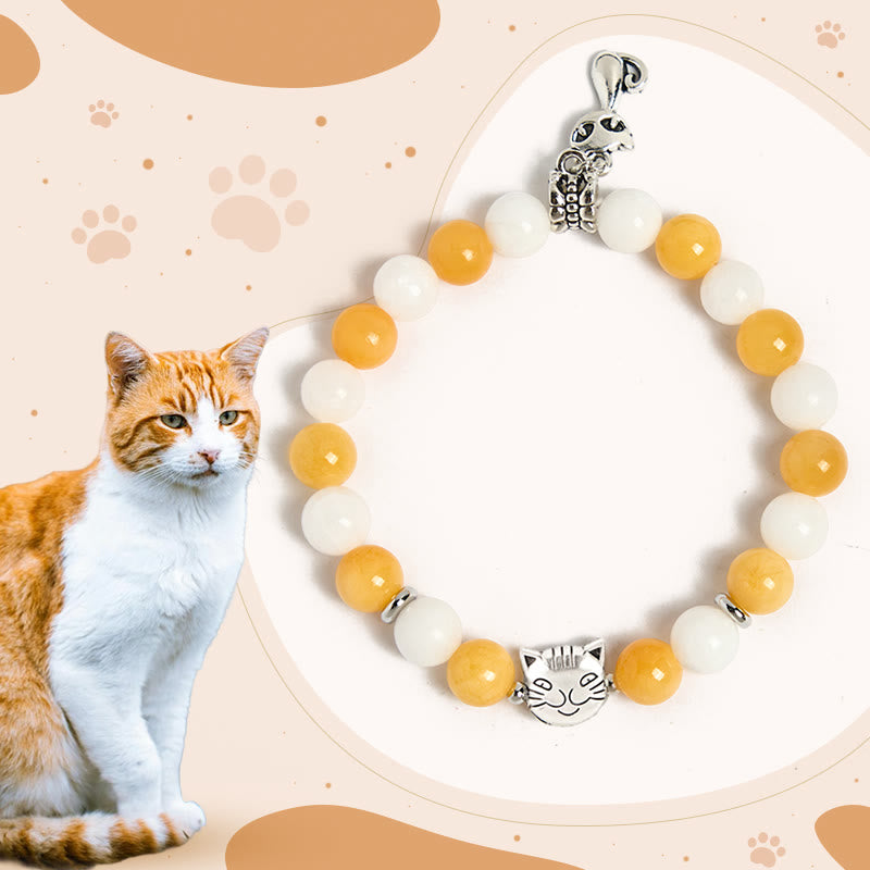Orange White Tabby Cat Yellow and White Chalcedony Beaded Bracelet