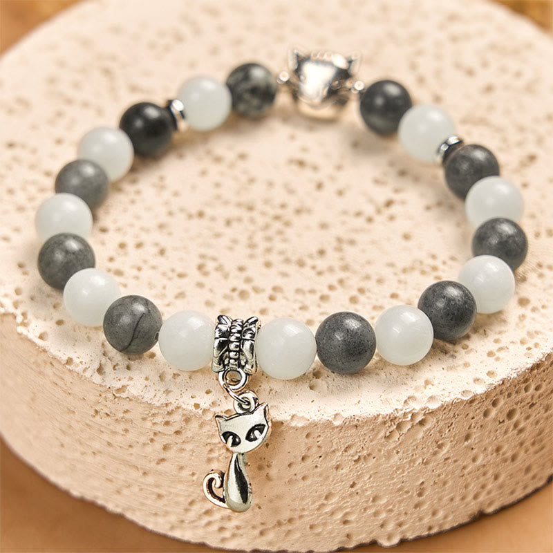 Natural Black Veined Jasper and White Chalcedony Grey Tabby Cat Copper Charm Bracelet