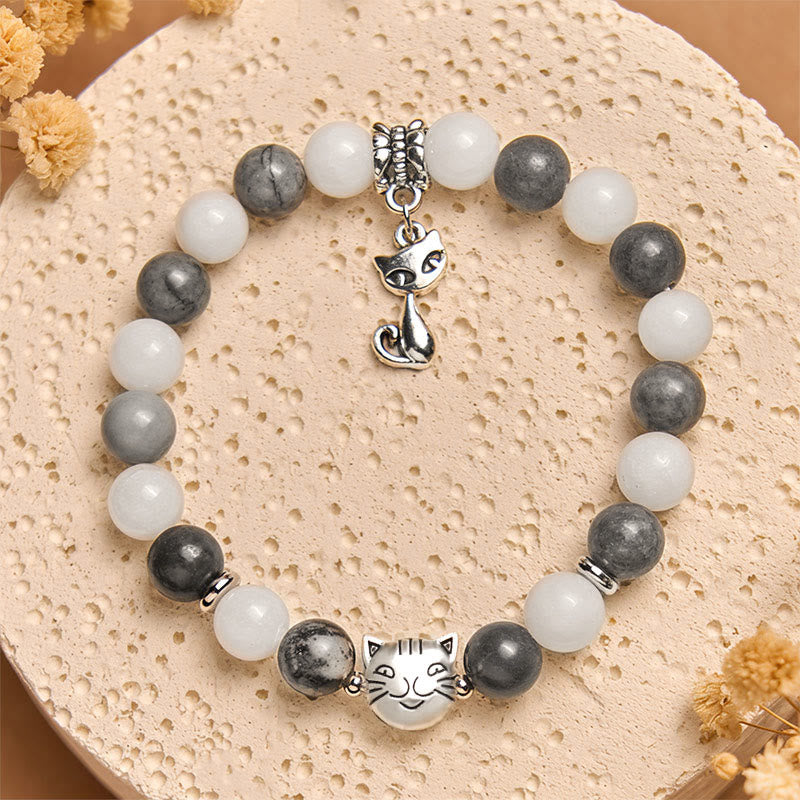 Natural Black Veined Jasper and White Chalcedony Grey Tabby Cat Copper Charm Bracelet