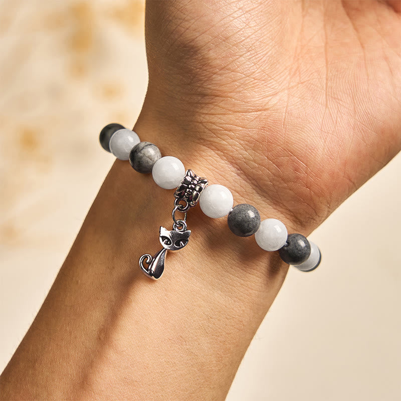 Natural Black Veined Jasper and White Chalcedony Grey Tabby Cat Copper Charm Bracelet
