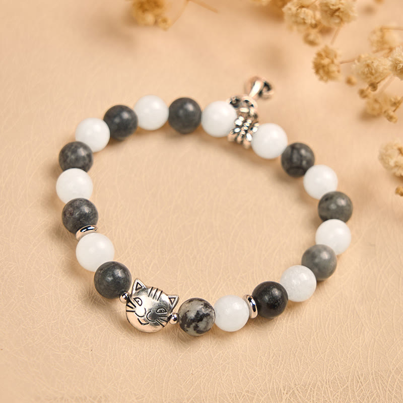Natural Black Veined Jasper and White Chalcedony Grey Tabby Cat Copper Charm Bracelet