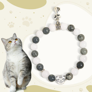 Natural Black Veined Jasper and White Chalcedony Grey Tabby Cat Copper Charm Bracelet