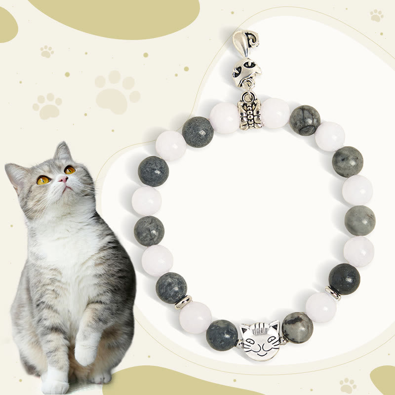 Natural Black Veined Jasper and White Chalcedony Grey Tabby Cat Copper Charm Bracelet