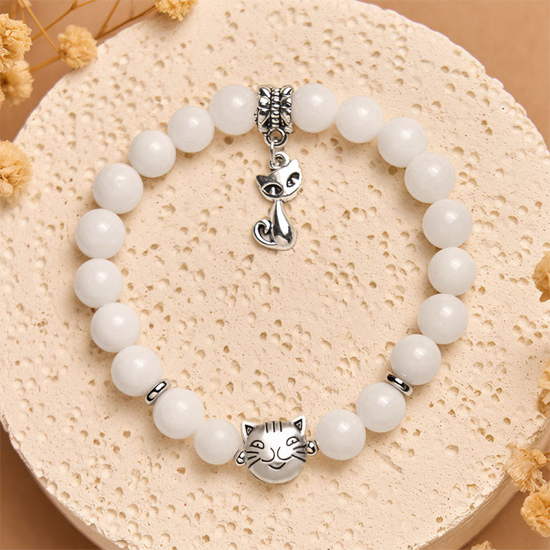 White Cat Natural White Chalcedony Bead Positive Bracelet