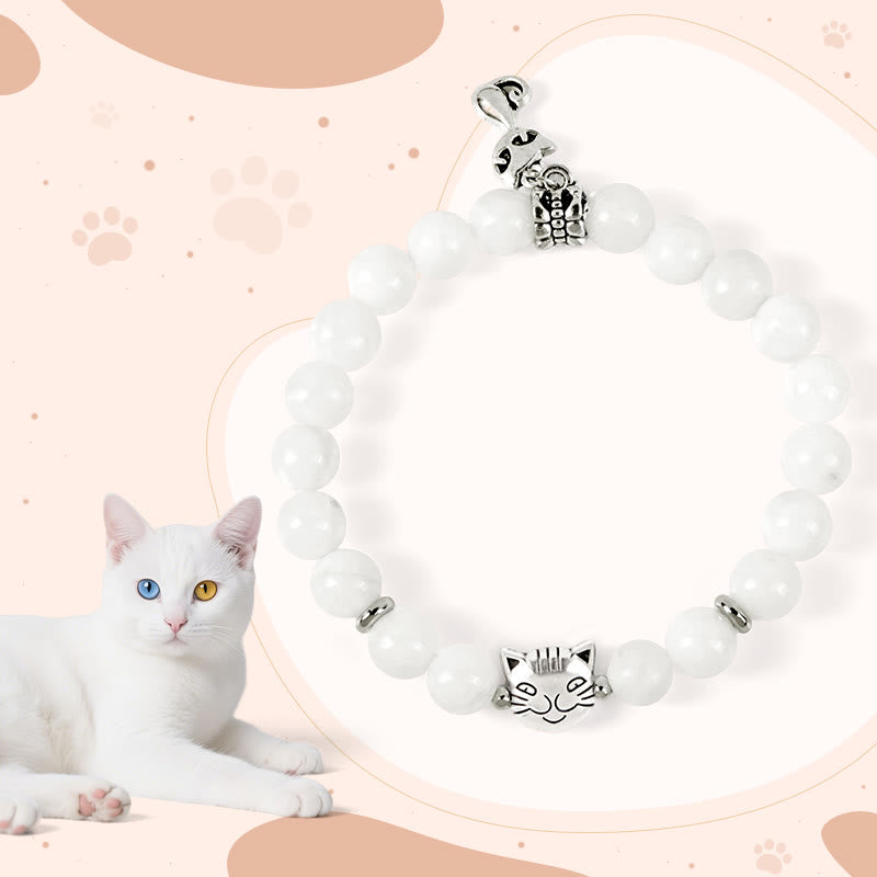 White Cat Natural White Chalcedony Bead Positive Bracelet