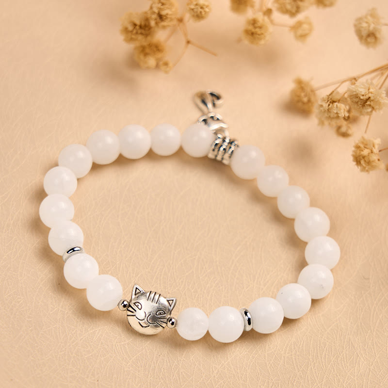 White Cat Natural White Chalcedony Bead Positive Bracelet