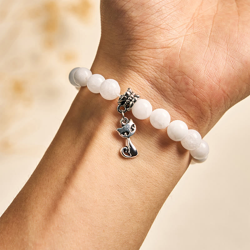 White Cat Natural White Chalcedony Bead Positive Bracelet