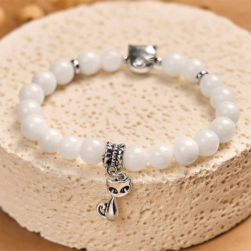 White Cat Natural White Chalcedony Bead Positive Bracelet
