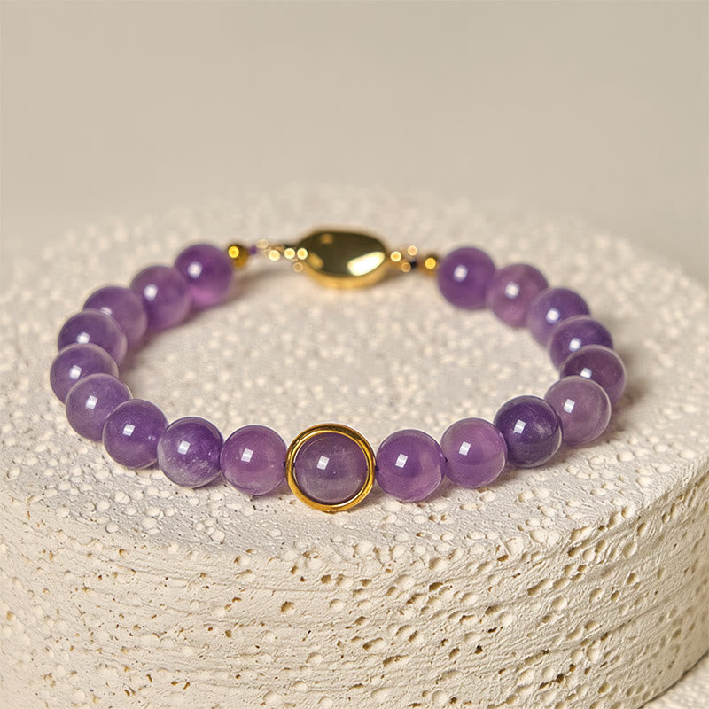 Natural Amethyst Round Bead Bracelet with Adjustable Copper Buckle