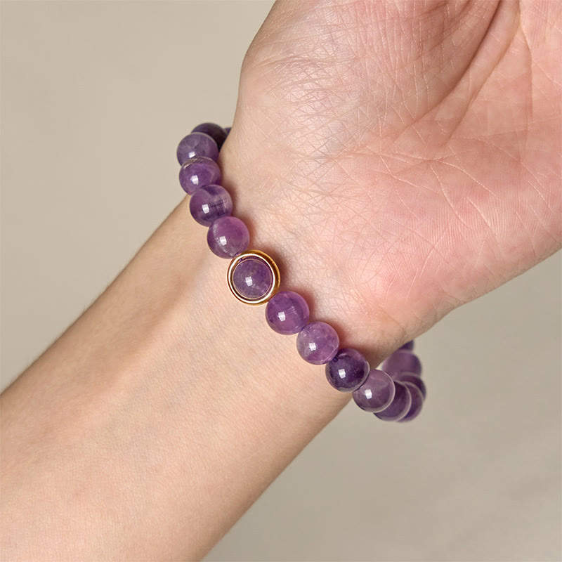 Natural Amethyst Round Bead Bracelet with Adjustable Copper Buckle
