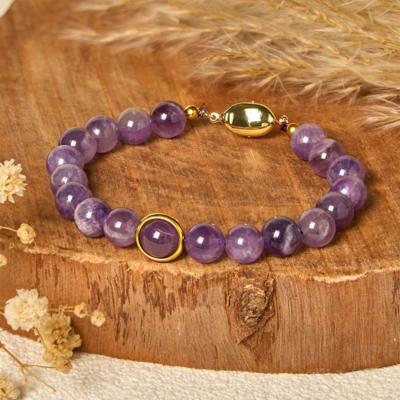 Natural Amethyst Round Bead Bracelet with Adjustable Copper Buckle