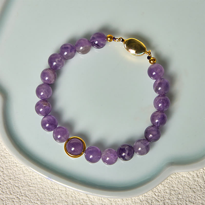 Natural Amethyst Round Bead Bracelet with Adjustable Copper Buckle