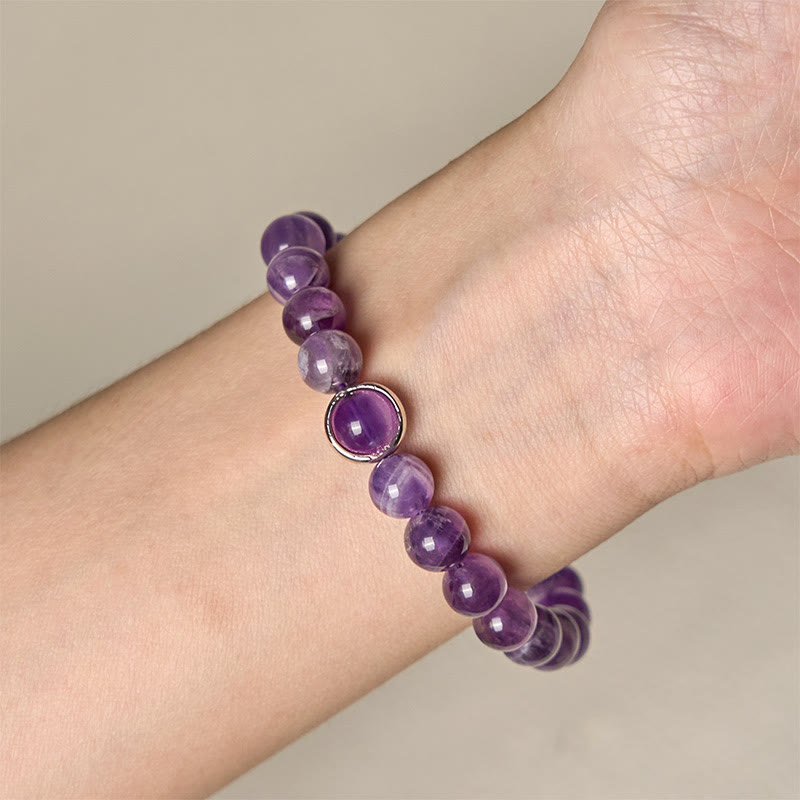 Natural Amethyst Round Bead Bracelet with Adjustable Copper Buckle