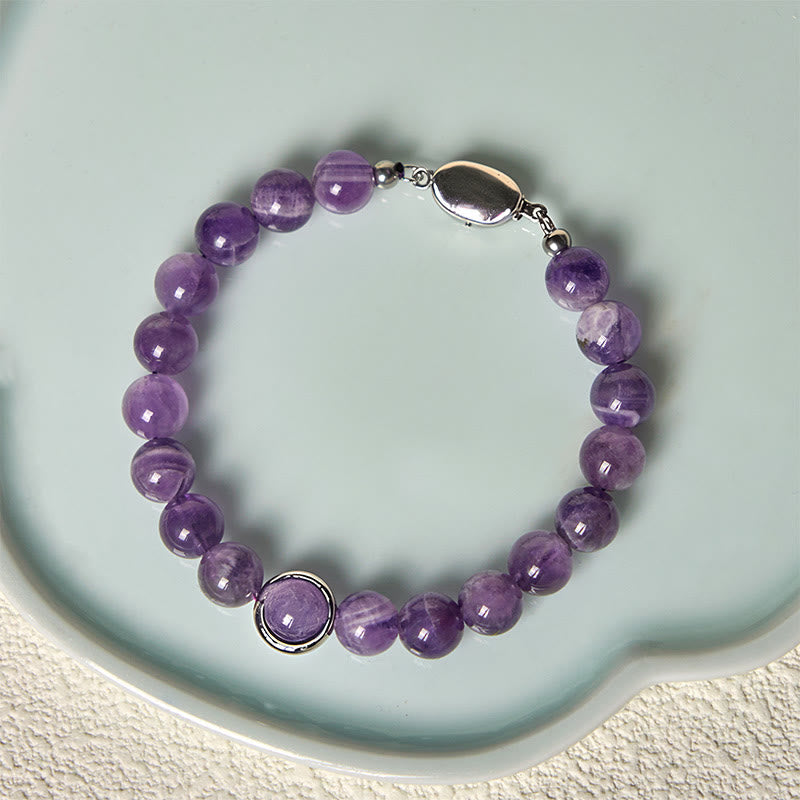 Natural Amethyst Round Bead Bracelet with Adjustable Copper Buckle