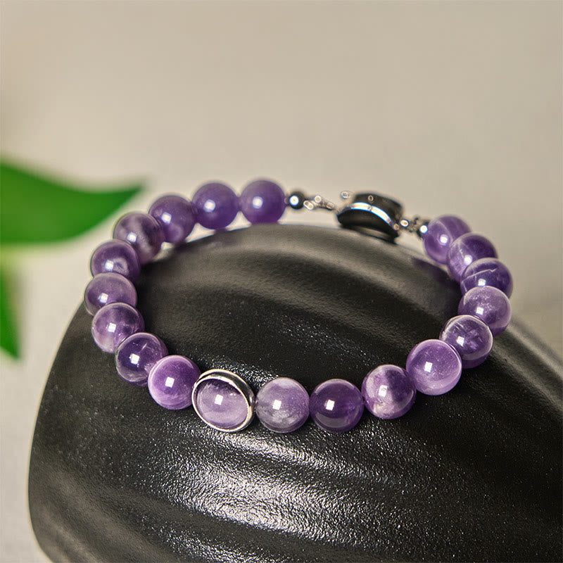 Natural Amethyst Round Bead Bracelet with Adjustable Copper Buckle