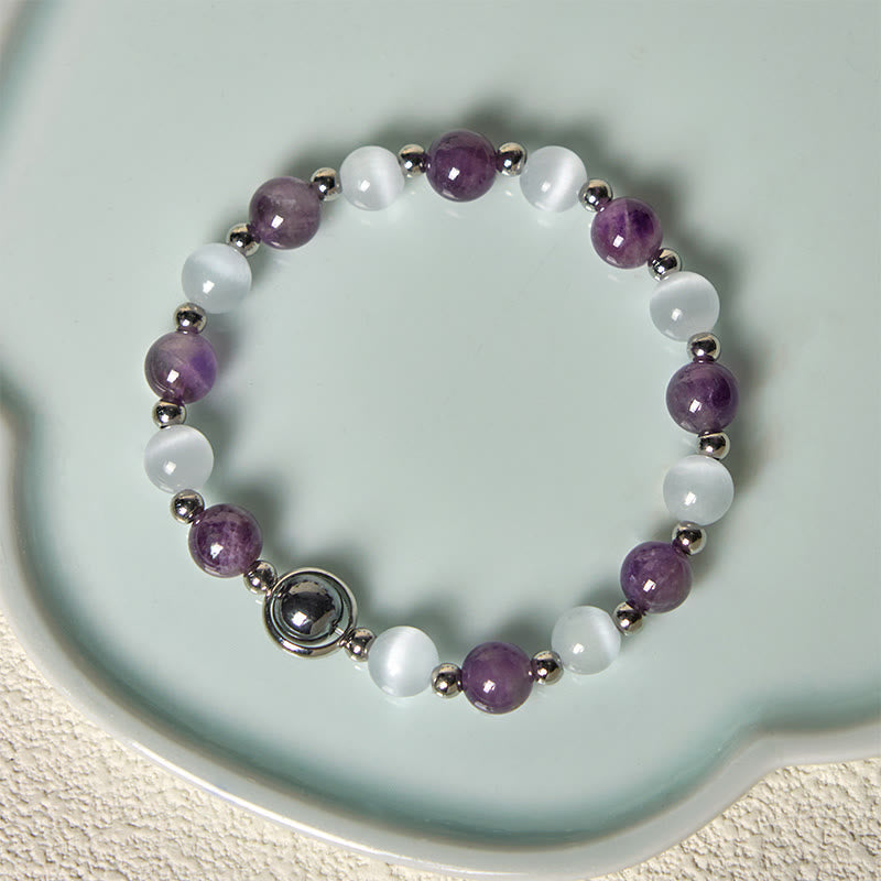 Natural Amethyst and White Cat's Eye Beaded Balance Bracelet