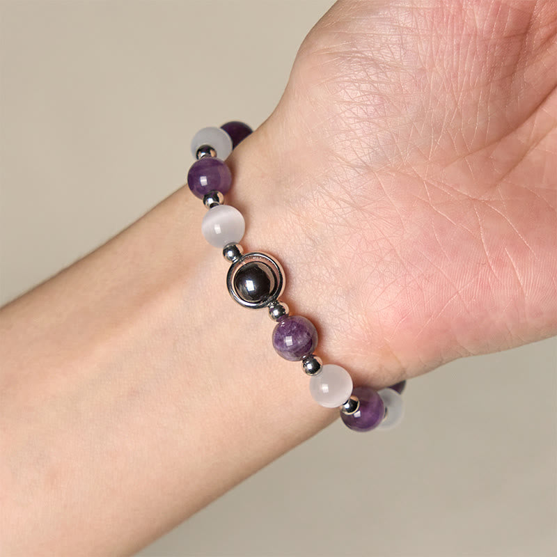 Natural Amethyst and White Cat's Eye Beaded Balance Bracelet