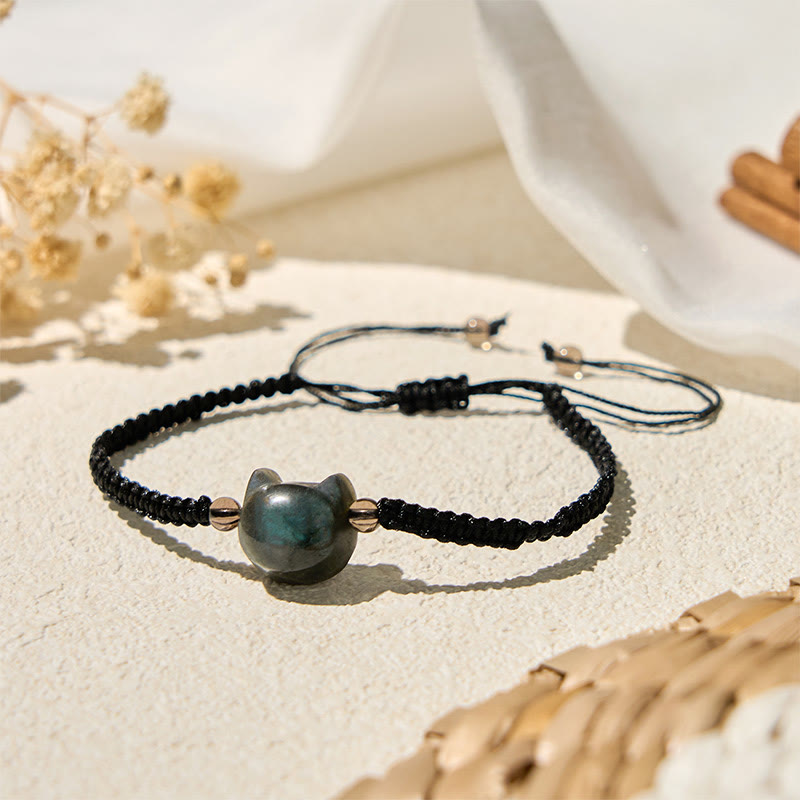 Labradorite Carved Cat Head Adjustable Black Rope Bracelet