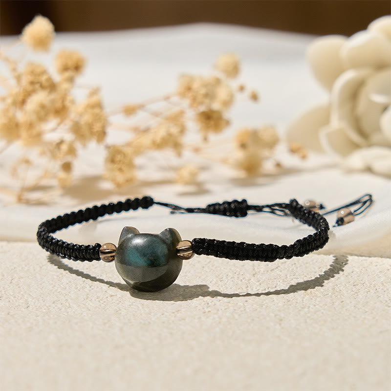 Labradorite Carved Cat Head Adjustable Black Rope Bracelet