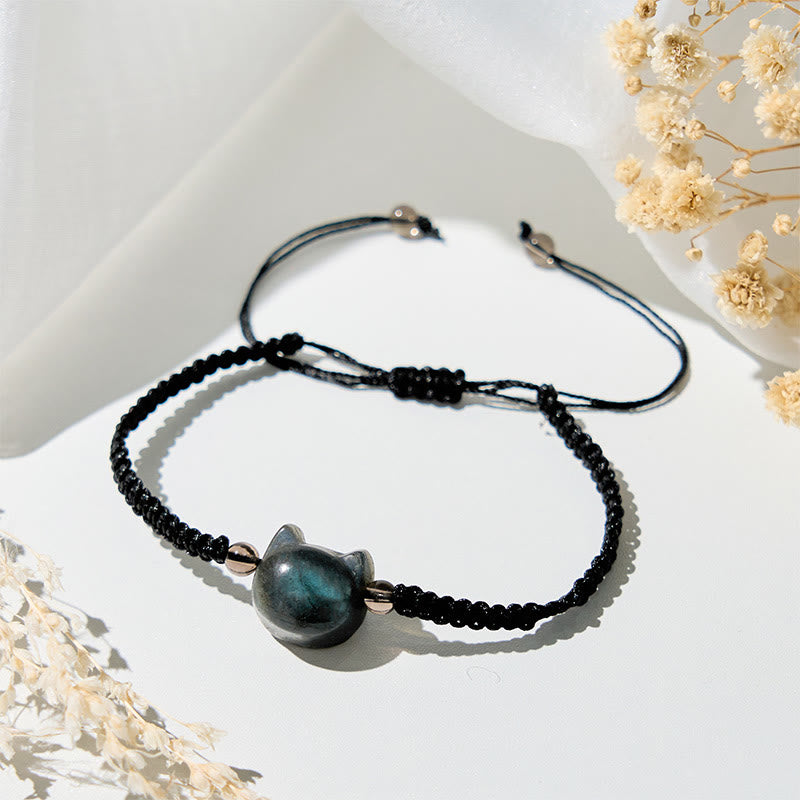 Labradorite Carved Cat Head Adjustable Black Rope Bracelet