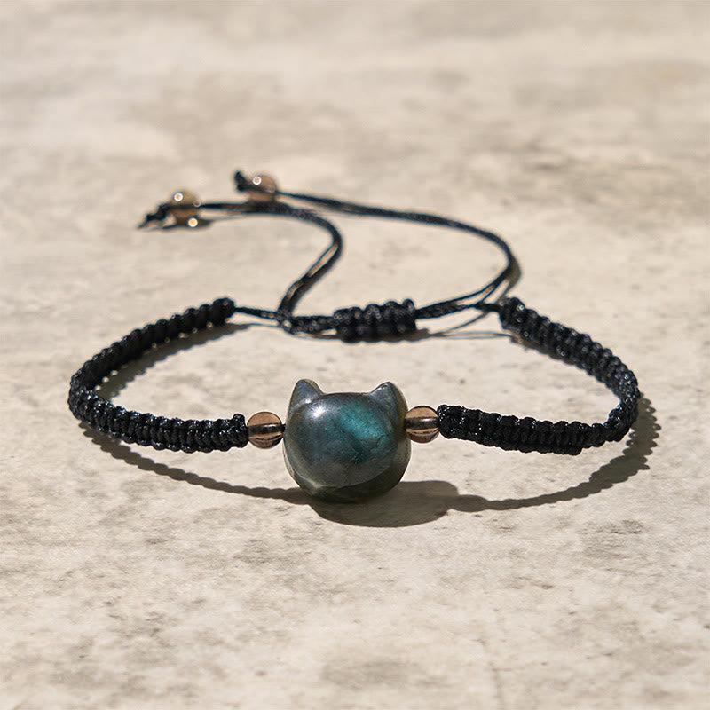 Labradorite Carved Cat Head Adjustable Black Rope Bracelet