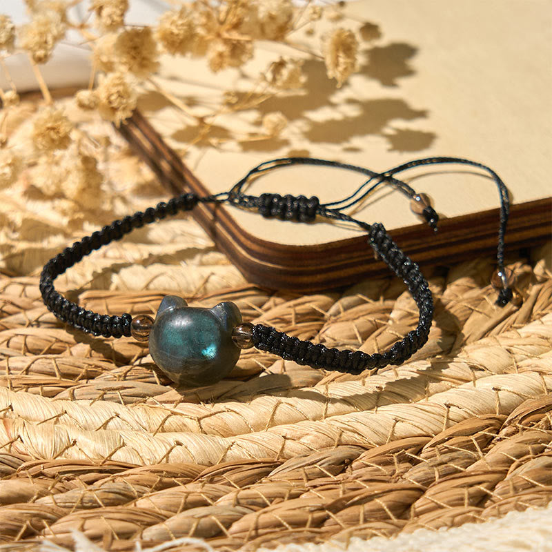 Labradorite Carved Cat Head Adjustable Black Rope Bracelet