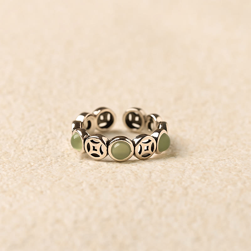 Hand-Selected Jade & South Red Agate Copper Chinese Coin Open Ring