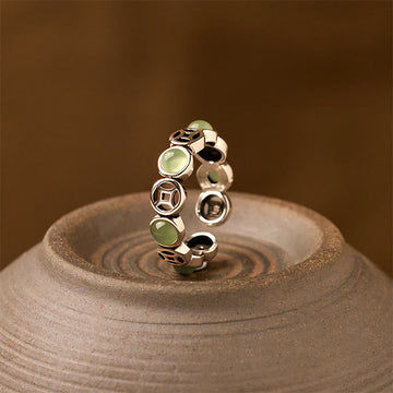 Hand-Selected Jade & South Red Agate Copper Chinese Coin Open Ring