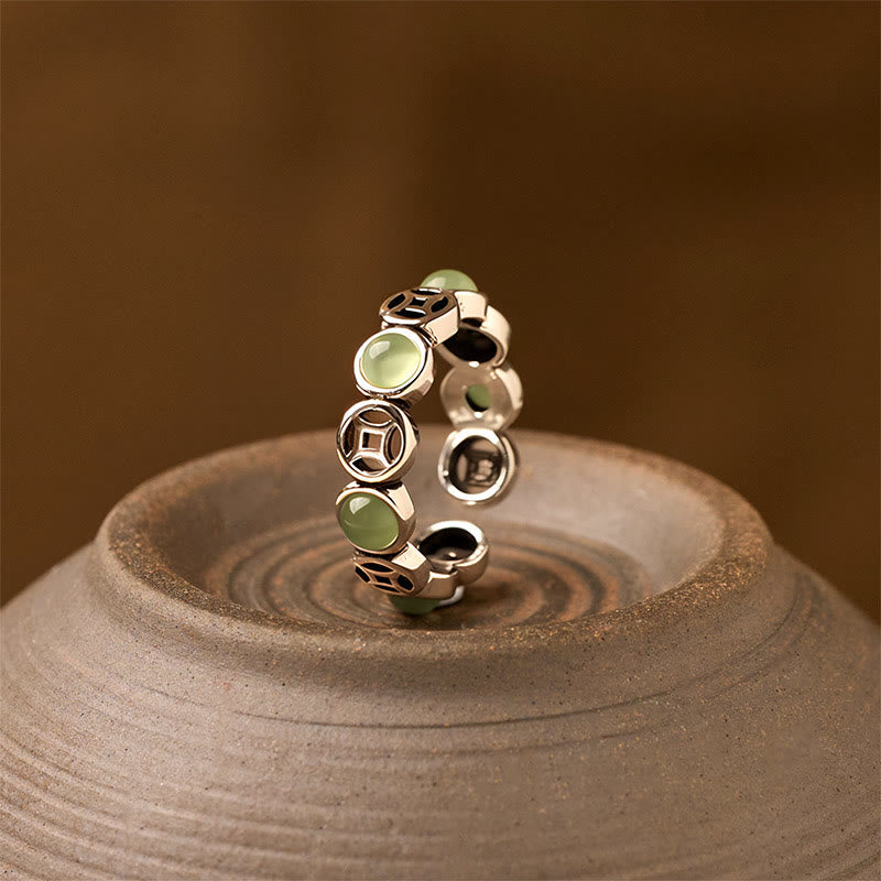 Hand-Selected Jade & South Red Agate Copper Chinese Coin Open Ring