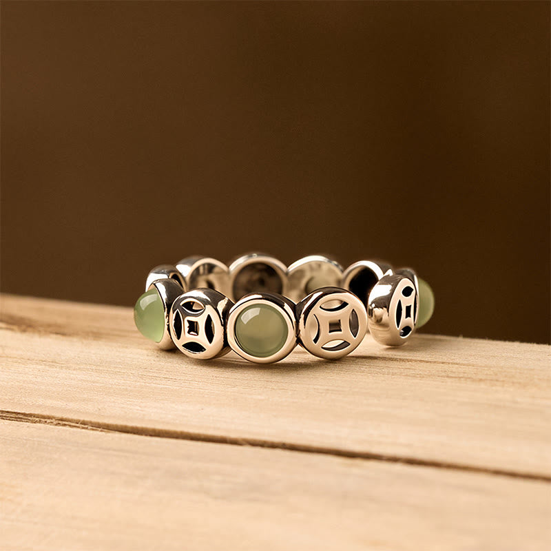 Hand-Selected Jade & South Red Agate Copper Chinese Coin Open Ring