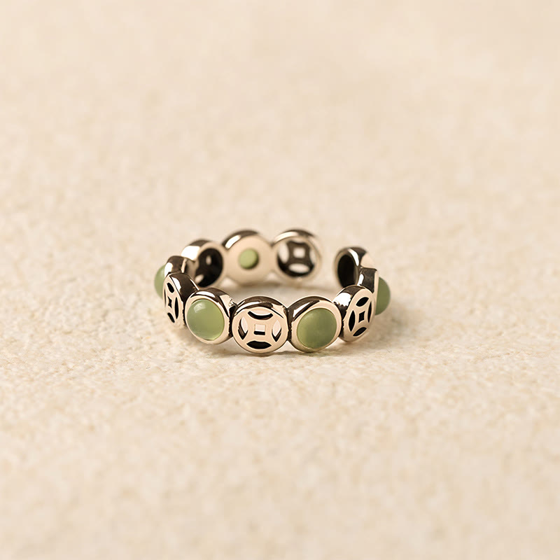 Hand-Selected Jade & South Red Agate Copper Chinese Coin Open Ring
