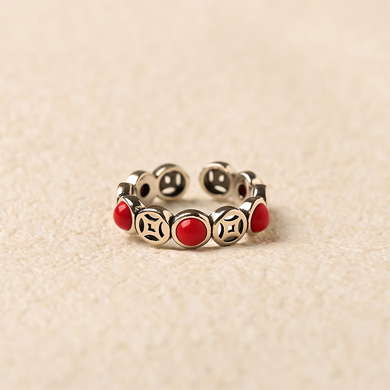 South Red Agate Chinese Coin Wealth Open Ring