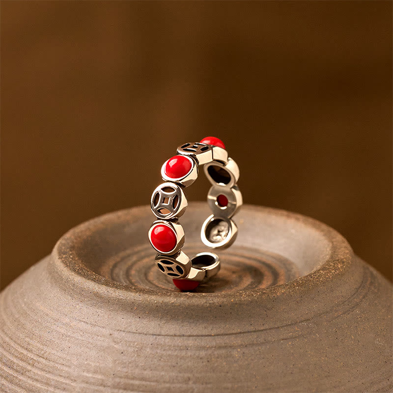 Hand-Selected Jade & South Red Agate Copper Chinese Coin Open Ring